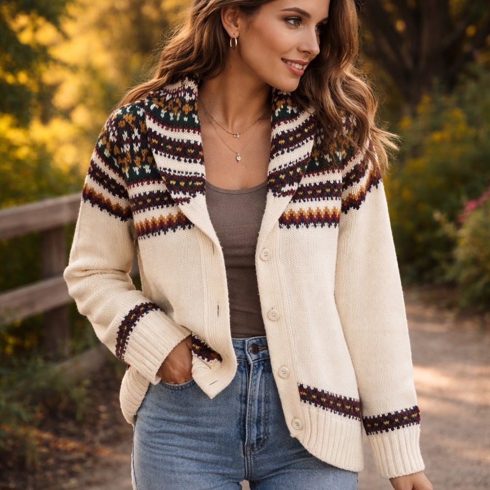 Fair Isle Shawl Collar Cardigan Womens Large Chunky Knit Cozy Sweater